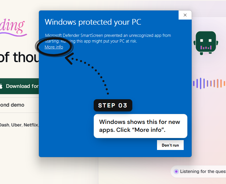 Step 3 — click More info on the SmartScreen dialog