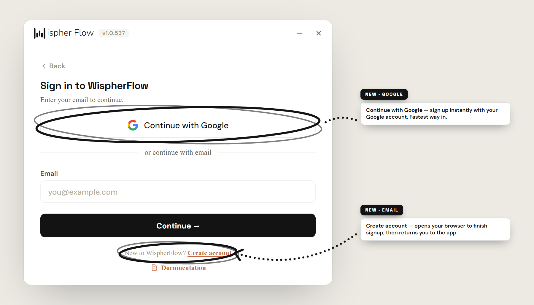 Step 5.1 — new users: Continue with Google, or click Create account to finish signup in the browser