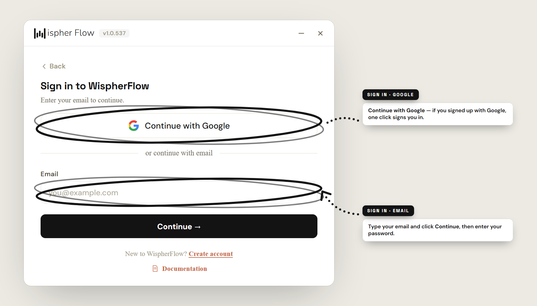 Step 5.2 — returning users: Continue with Google, or enter your email and click Continue, then your password
