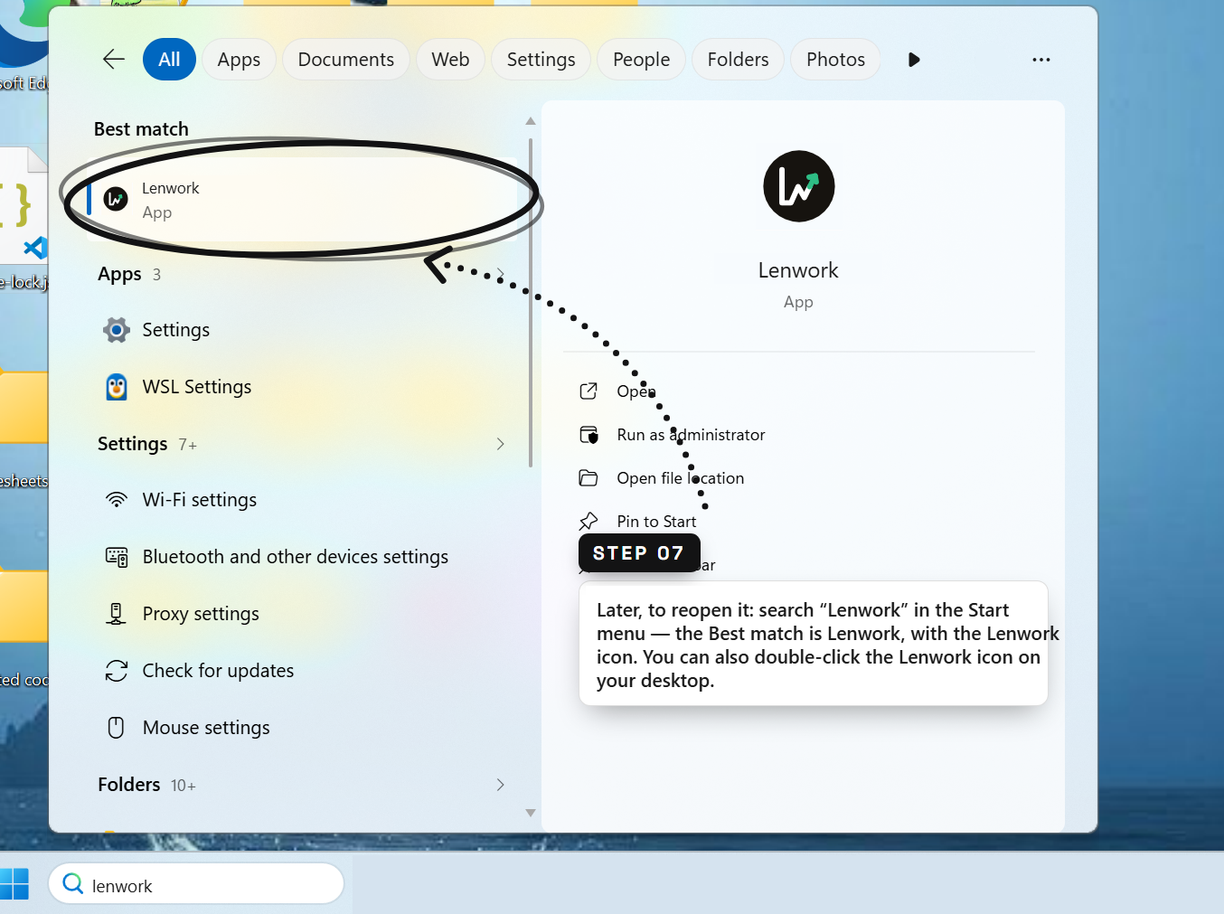Step 7 — search Lenwork in the Start menu; the Best match is Lenwork