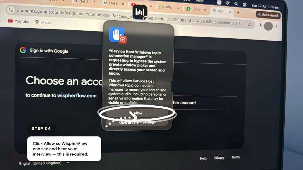 Step 4 — click Allow on the screen and audio access prompt